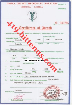 Yormie death certificate